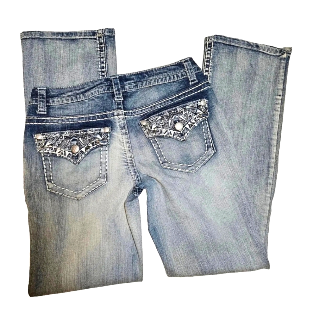 Paisley Sky Womens Embroidered Flap Pockets Boot Cut Jeans Size 10
